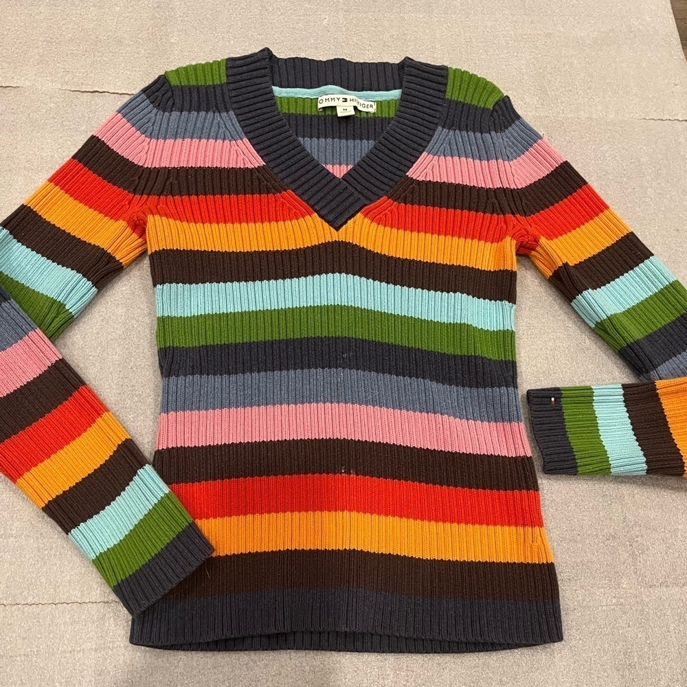 [M]Tommy Hilfigure Rainbow Ribbed V Neck Cotton Sweater Striped Y2K